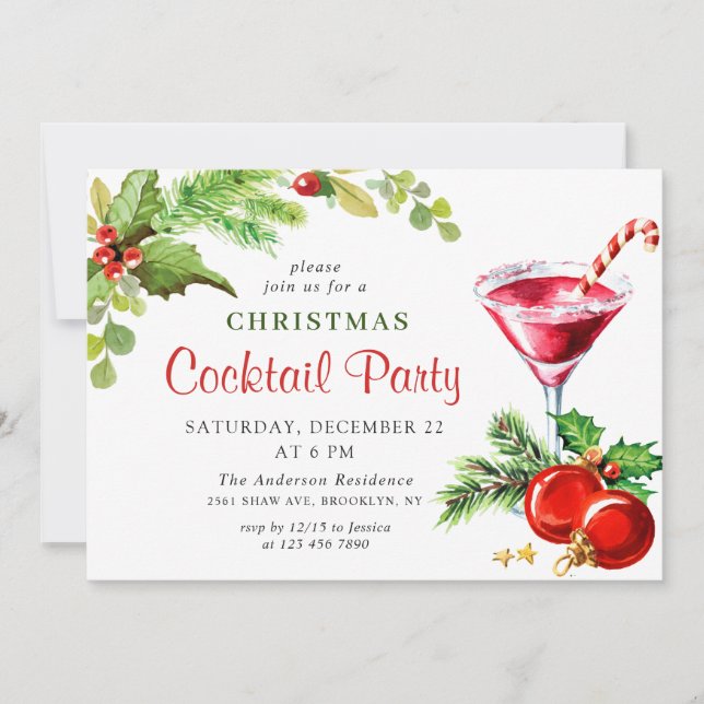 Invitation Holly Berry Fête de Noël Cocktail (Devant)