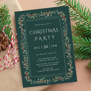 Invitation Holly Berry Frame Christmas Party Green