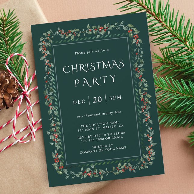 Invitation Holly Berry Frame Christmas Party Green (Créateur téléchargé)