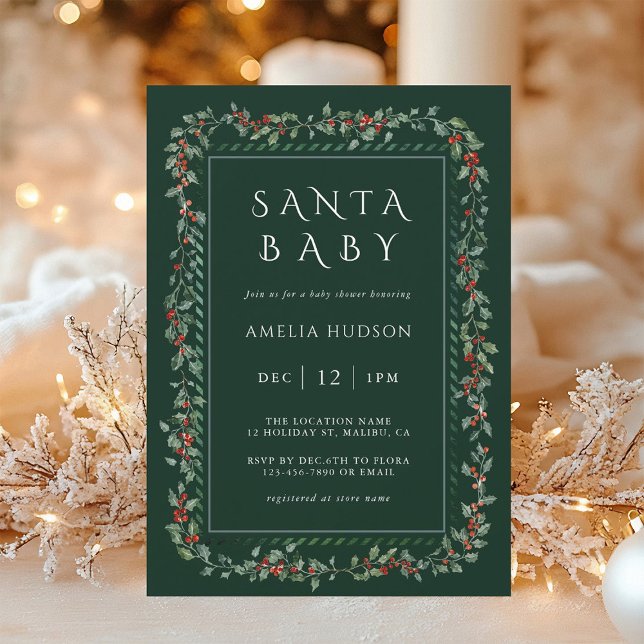 Invitation Holly Berry Frame Père Noël Baby shower Forest Gre (Créateur téléchargé)