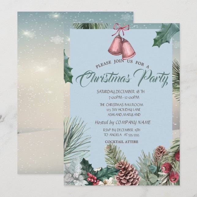 Invitation Holly Berry Pinecones Bell Company (Devant / Derrière)