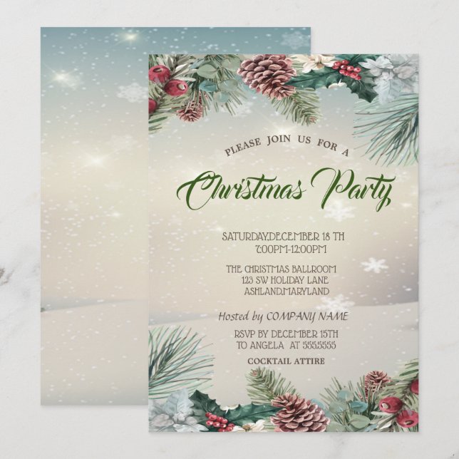 Invitation Holly Berry Pinecones Company Fête de Noël (Devant / Derrière)