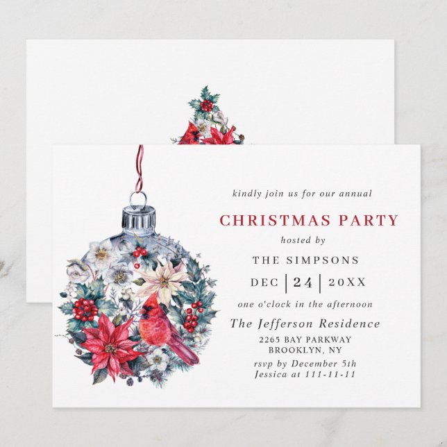Invitation Holly Berry Red Cardinal Noël Fête de Noël (Devant / Derrière)
