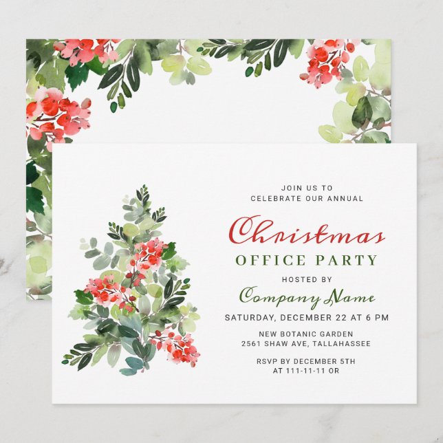 Invitation Holly Berry Tree Corporate Christmas Party FÊTE (Devant / Derrière)