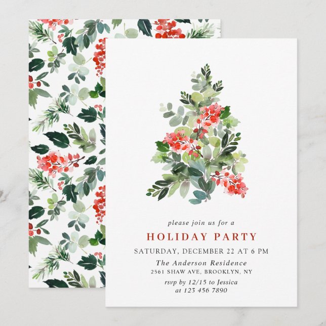 Invitation Holly Berry Tree Holiday NOËL PARTI (Devant / Derrière)