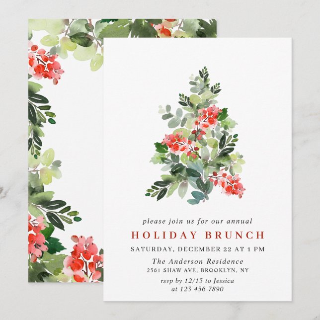 Invitation Holly Berry Tree NOËL BRUNCH DE VACANCES (Devant / Derrière)