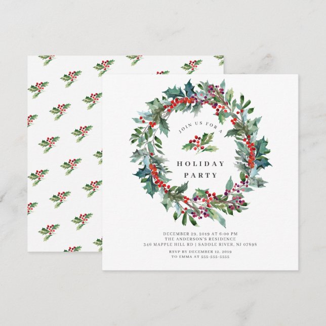 Invitation Holly Berry Wreath Fête de Noël (Devant / Derrière)