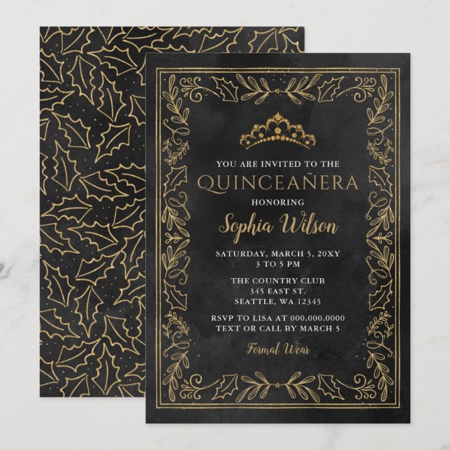 Invitation Holly Black Gold Princesse Tiara Quinceañera (Devant / Derrière)