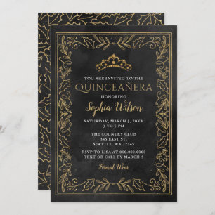 Invitation Holly Black Gold Princesse Tiara Quinceañera