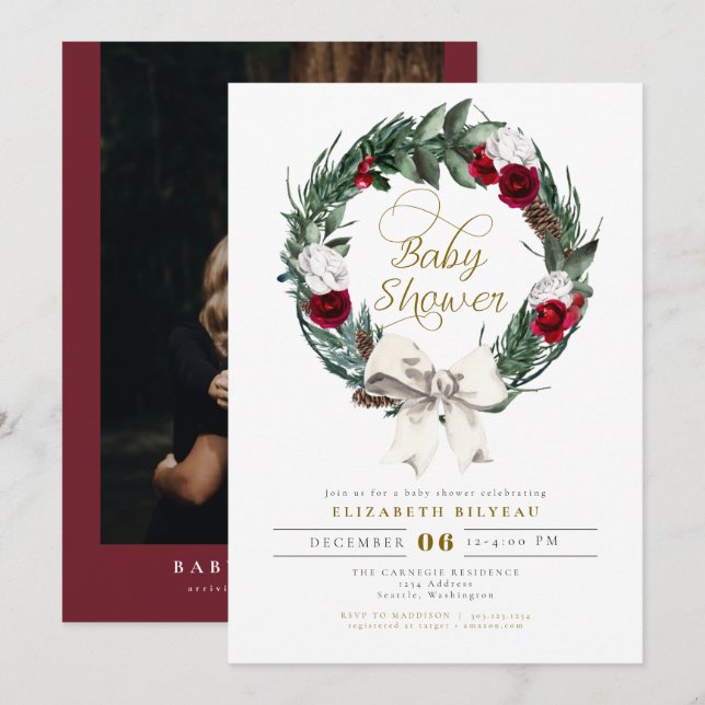 Invitation HOLLY Christmas Burgundy Floral Baby shower photo (Devant / Derrière)