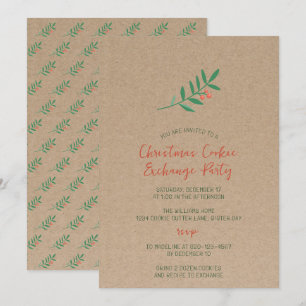 Invitation Holly Christmas Cookie Exchange Kraft Party