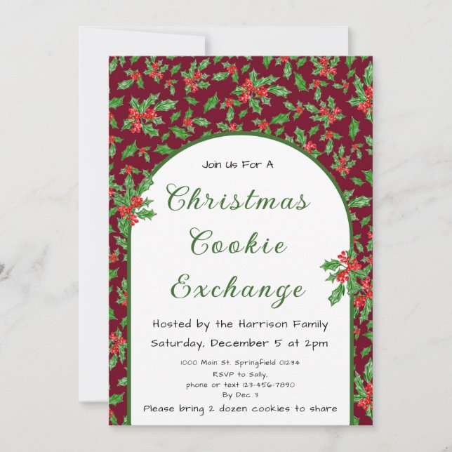 Invitation Holly Christmas Cookie Exchange Rouge et Vert (Devant)