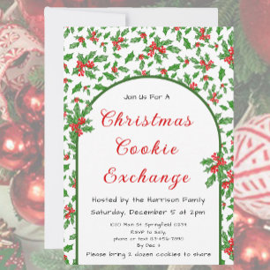 Invitation Holly Christmas Cookie Exchange Rouge et Vert