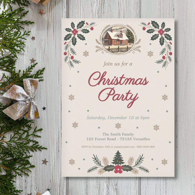 Invitation Holly Feuilles & Berries - Fête de Noël Vintage (Holly Leaves & Berries - Vintage Christmas Party Invitation)