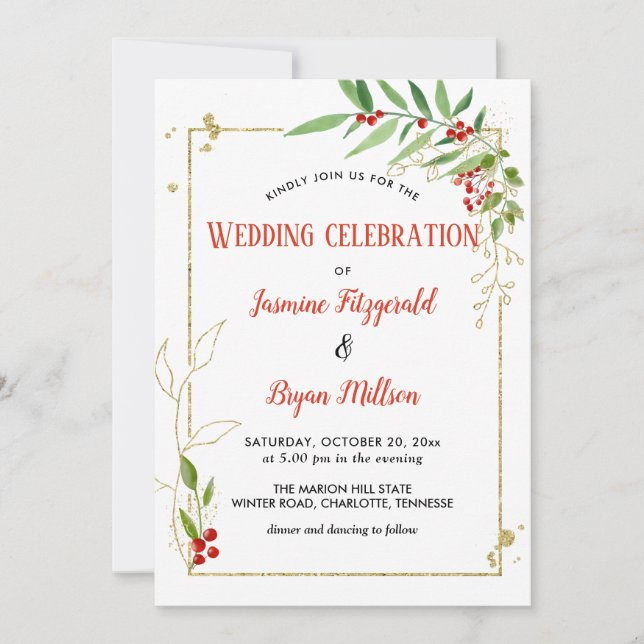 Invitation Holly Feuilles Berry Frame Noël | Mariage (Devant)