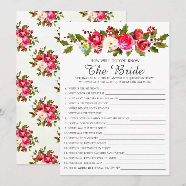 Invitation Holly Floral Connaissez-Vous Bien Le Jeu De Mariée (Devant / Derrière)