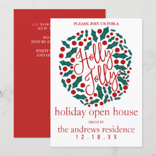 Invitation Holly Jolly Citer Leaf Berries Holiday Open House