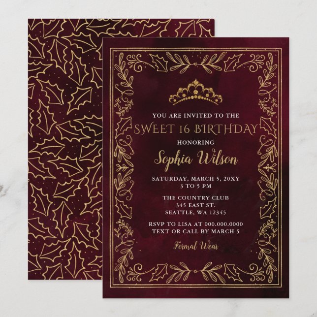 Invitation Holly Red Gold Princess Tiara Sweet 16 Anniversair (Devant / Derrière)