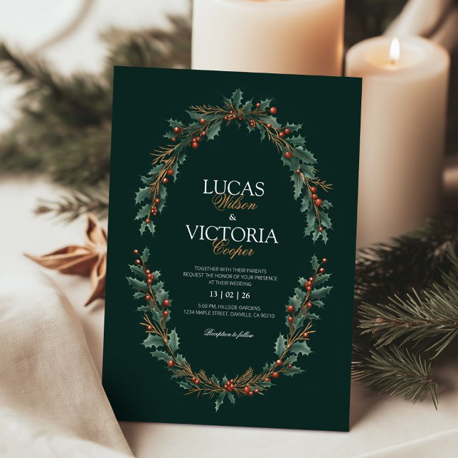 Invitation Holly Wreath Dark Green Winter Wedding (Créateur téléchargé)