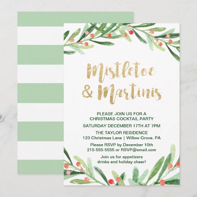 Invitation Holly Wreath Mistletoe & Martinis Cocktail Party (Devant / Derrière)