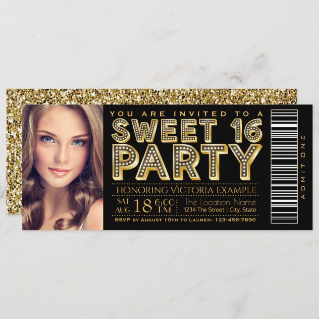 Invitation Hollywood Glam Sweet 16 Ticket Black and Gold (Devant / Derrière)