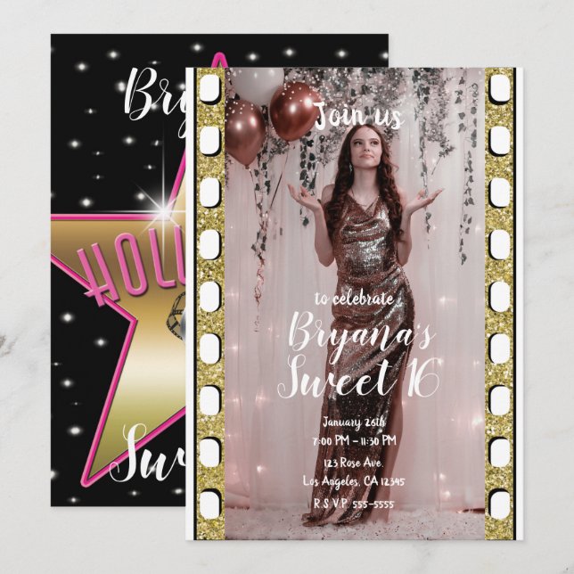 Invitation Hollywood Movie Gold Rose Star Film Sweet 16 (Devant / Derrière)