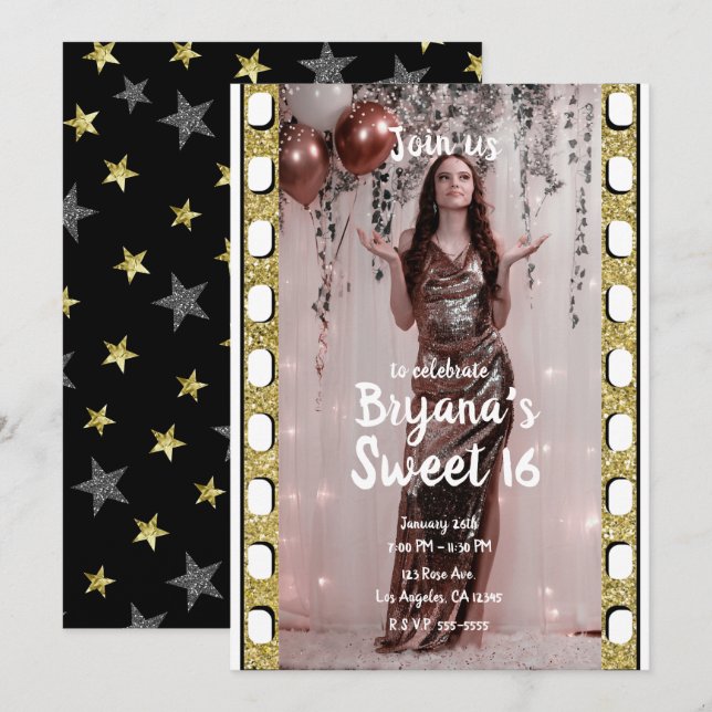 Invitation Hollywood Movie Gold Silver Stars Sweet 16 Photo I (Devant / Derrière)