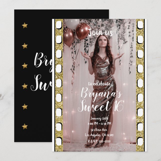 Invitation Hollywood Movie Gold Stars Film Sweet 16 Party (Devant / Derrière)