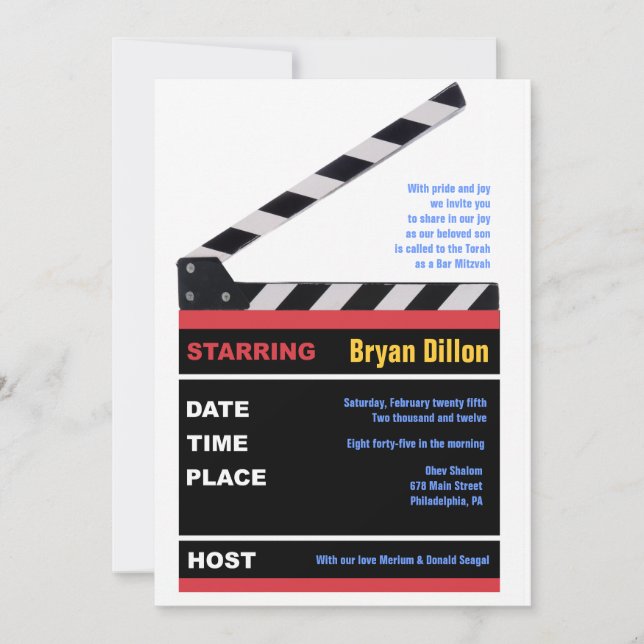 Invitation HOLLYWOOD MOVIES Bar à thème Bar Mitzvah Invitatio (Devant)