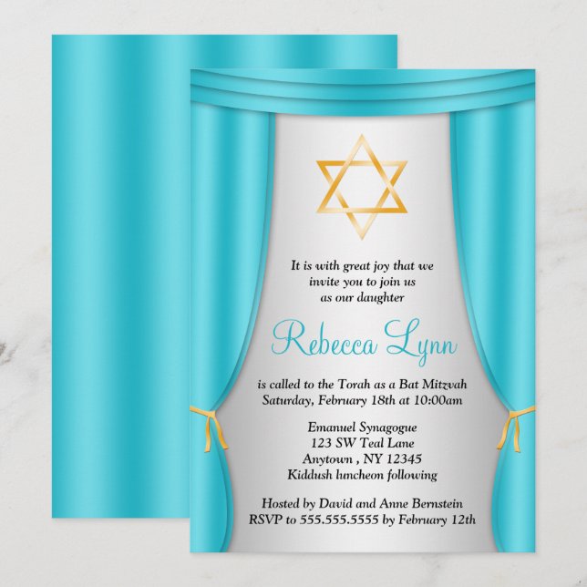 Invitation Hollywood Star de David Turquoise Bat mitzvah arge (Devant / Derrière)