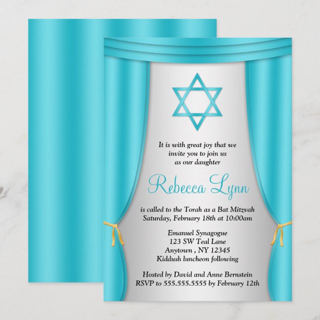 Invitation Hollywood Star de David Turquoise Bat mitzvah arge (Devant / Derrière)