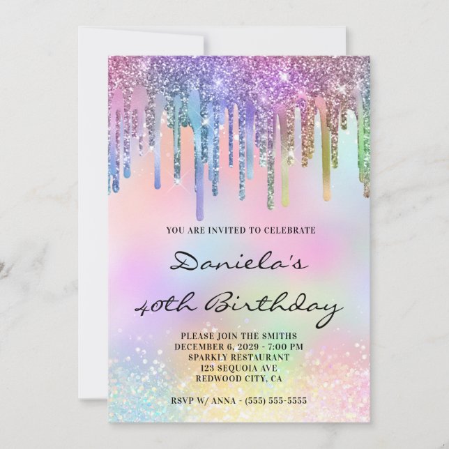 Invitation Holo Glitter Rainbow Drips 40th Birthday (Devant)