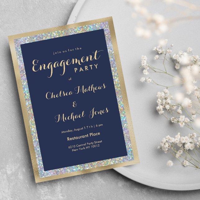Invitation Hologramme d'engagement en or bleu marine (Navy blue gold silver holographic Engagement Party)