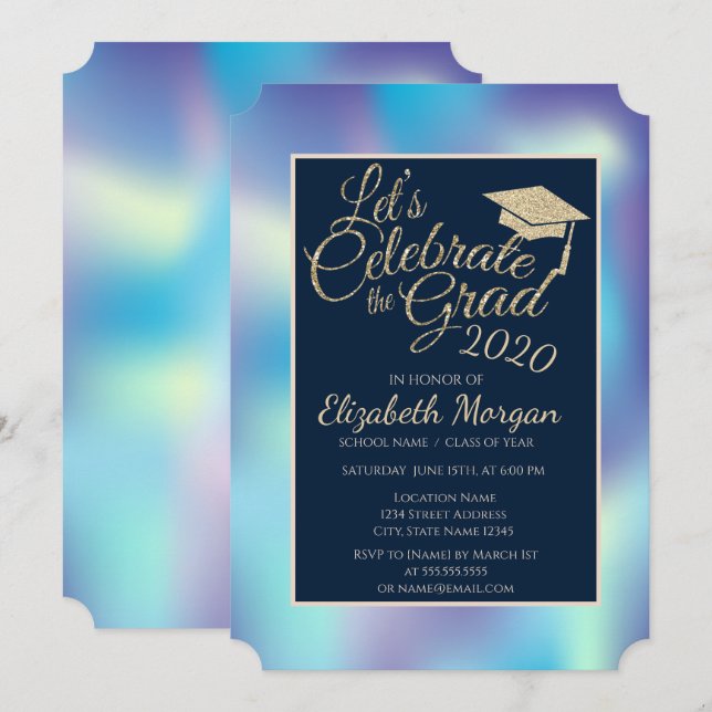Invitation Holographique Bleu Parties scintillant Graduation  (Devant / Derrière)