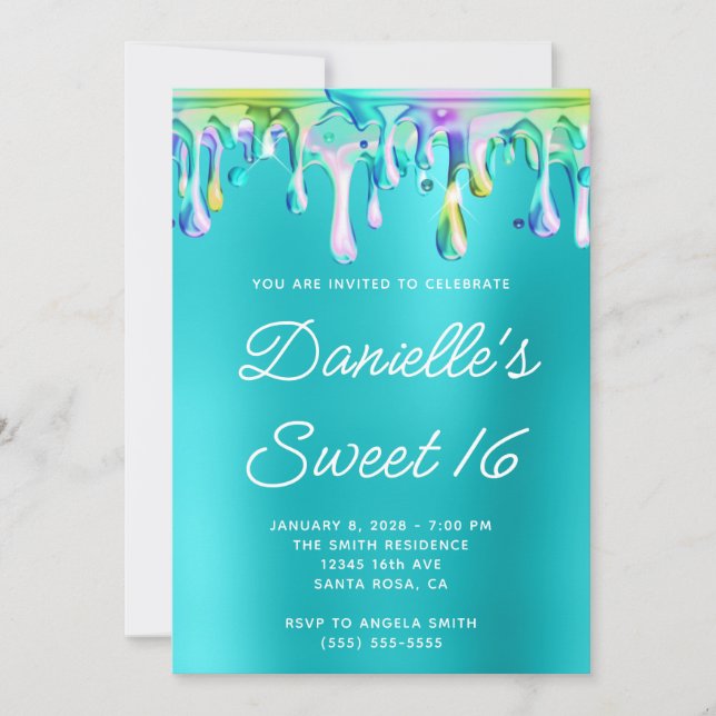 Invitation Holographique Liquide Drip Turquoise Blue Sweet 16 (Devant)