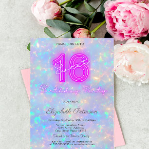 Invitation Holographique moderne Iridescente Neon Sweet 16