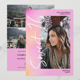 Invitation Holographique ombre script rose 4 photo Sweet 16