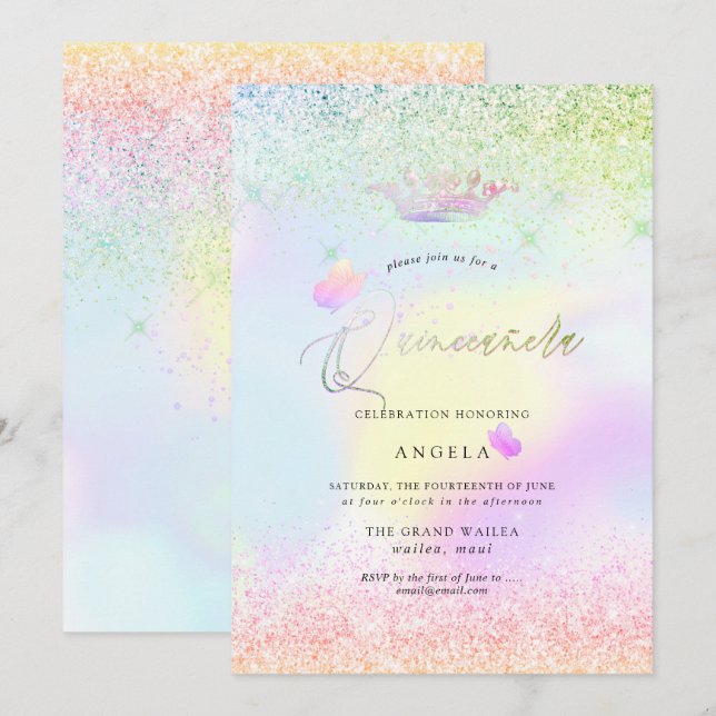 Invitation Holographique Quinceanera Papillons roses+Parties  (Devant / Derrière)