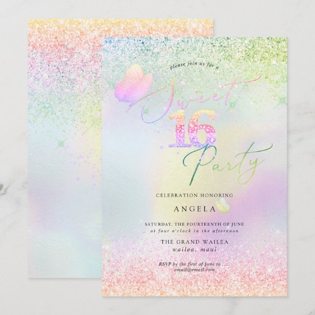 Invitation Holographique Sweet 16 Parties scintillant de diam (Devant / Derrière)