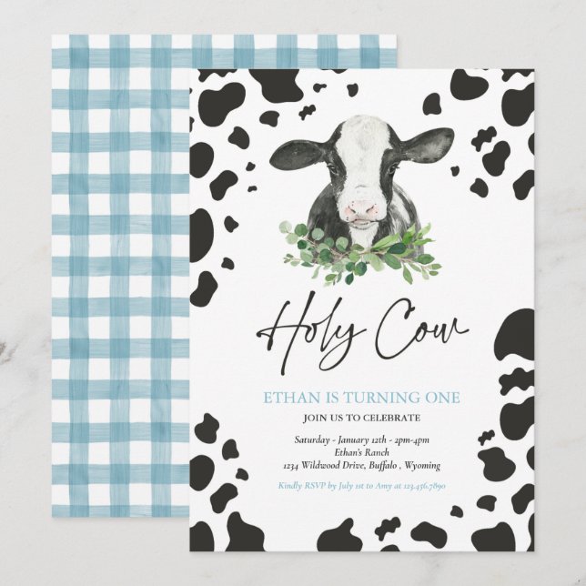 Invitation Holy Cow I'm One Boy Ranch Farm Anniversaire (Devant / Derrière)