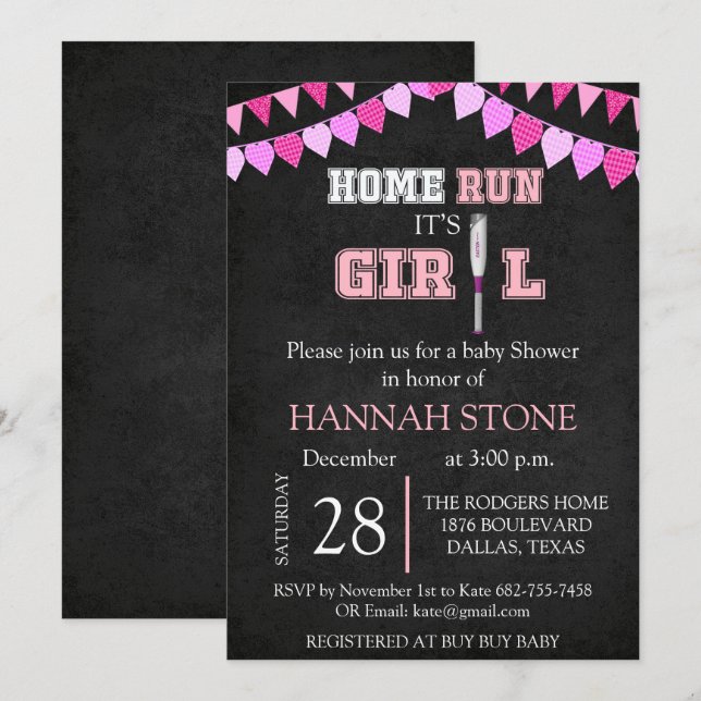 Invitation Home Run c'est un Baby shower de fille (Devant / Derrière)