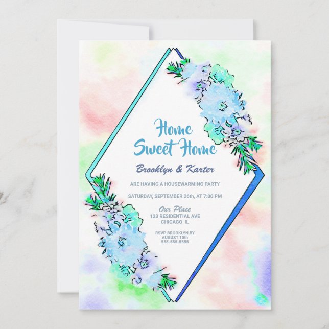 Invitation Home Sweet Home Bleu Floral Fête de réchauffement  (Devant)