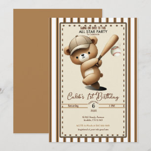 Invitation Homerun Hitter Stripe Bear 1er anniversaire
