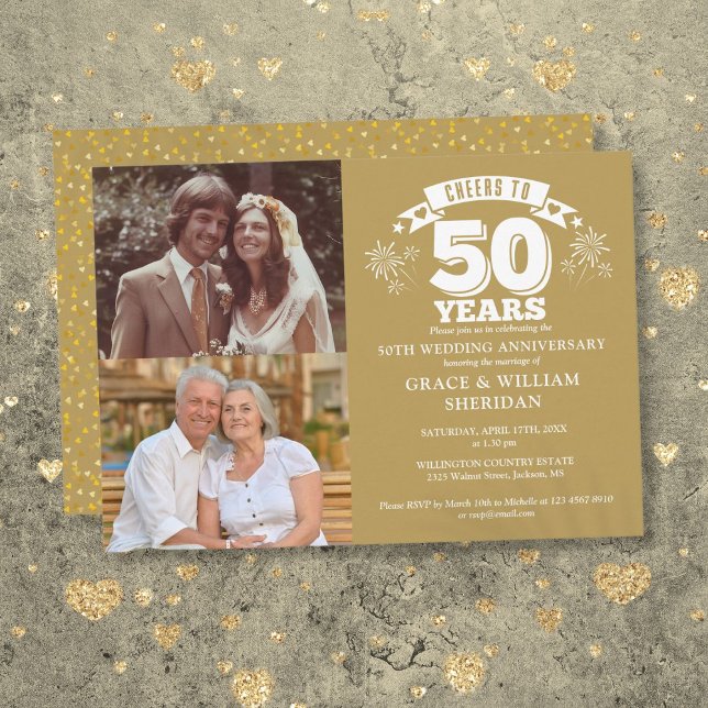 Invitation Hommage Au 50ème Anniversaire Mariage 2 Photo (Cheers To 50th Wedding Anniversary 2 Photo Invitation)