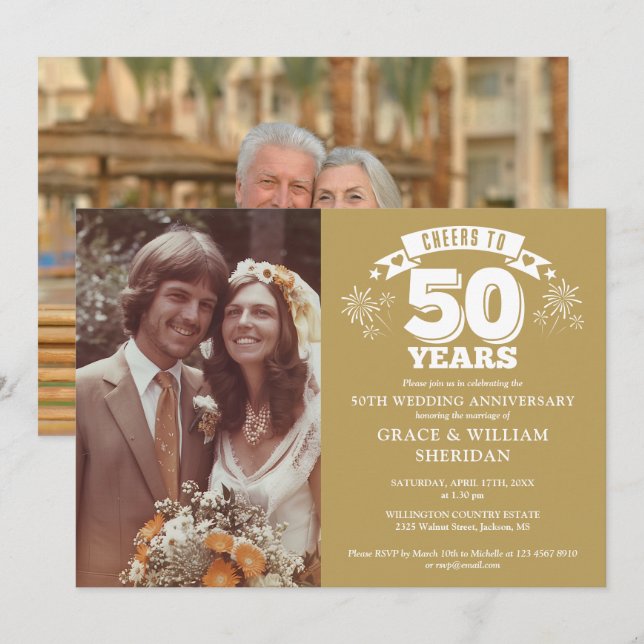 Invitation Hommage Au 50ème Anniversaire Mariage D'Or 2 Photo (Devant / Derrière)