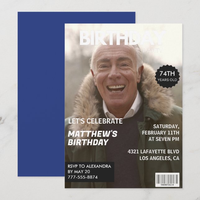 Invitation Homme Magazine Marine bleu Photo 74e anniversaire (Devant / Derrière)