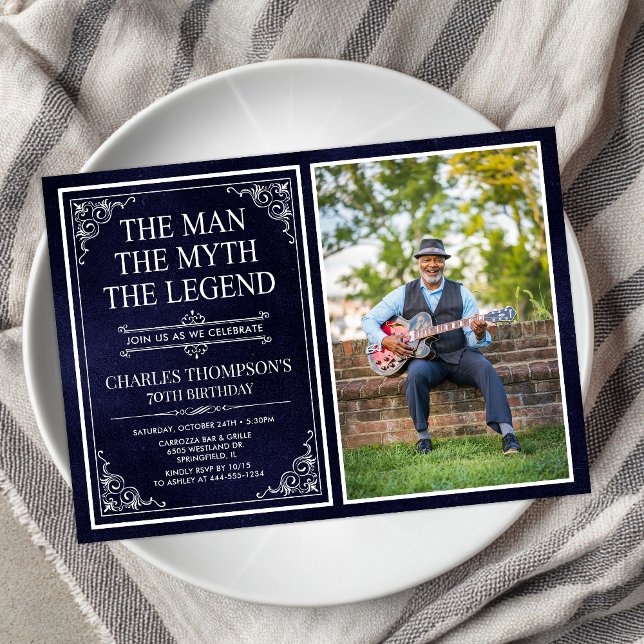 Invitation Homme Mythe Légende Bleu 70e anniversaire Photo (Créateur téléchargé)
