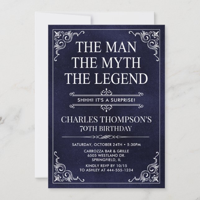 Invitation Homme Mythe Légende Bleu Surprise 70e anniversaire (Devant)
