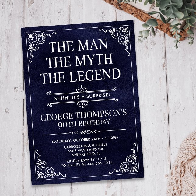 Invitation Homme Mythe Légende Bleu Surprise 90e anniversaire (Créateur téléchargé)