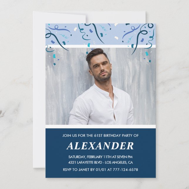 Invitation Homme photo bleu marine moderne 61e anniversaire (Devant)
